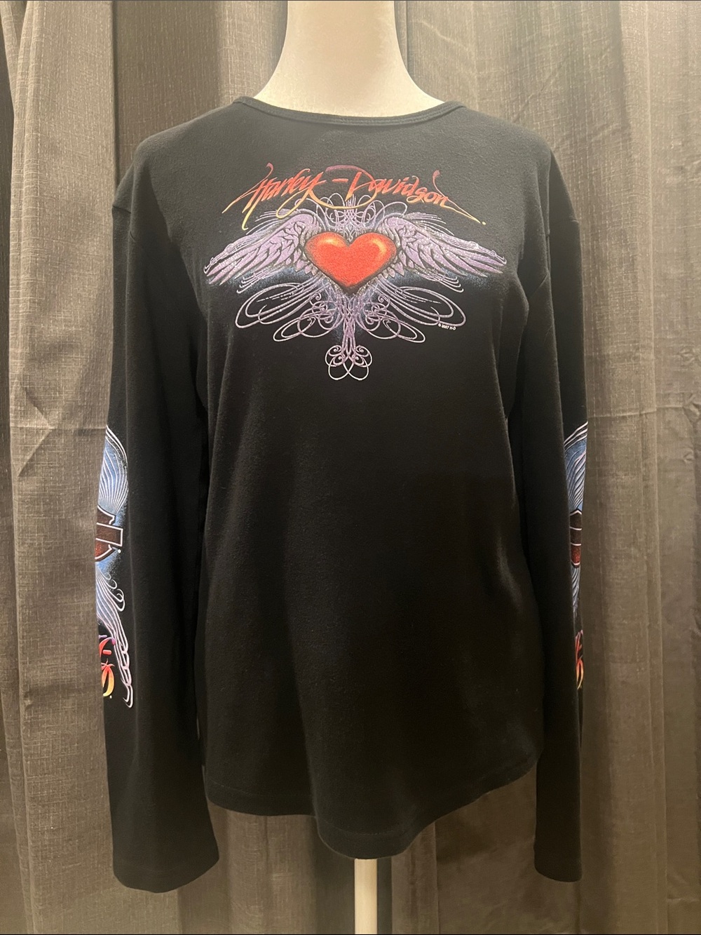 VTG 2007 Harley Davidson Winged Heart Long Sleeve Top XL Ithaca NY Grunge Y2K